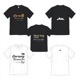 Five front and back T-shirt designs featuring the name "Karang Taruna Bina Karya Beji" with themes of youth and simplicity, available in black and white color options