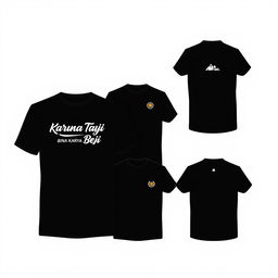 Five front and back T-shirt designs featuring the name "Karang Taruna Bina Karya Beji" with themes of youth and simplicity, available in black and white color options