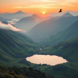 create a high-resolution image of a serene mountain landscape during sunrise, featuring lush green valleys, a reflective lake in the foreground, and mist hovering over the peaks, capturing the tranquility and majestic beauty of nature