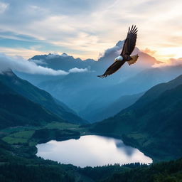 create a high-resolution image of a serene mountain landscape during sunrise, featuring lush green valleys, a reflective lake in the foreground, and mist hovering over the peaks, capturing the tranquility and majestic beauty of nature