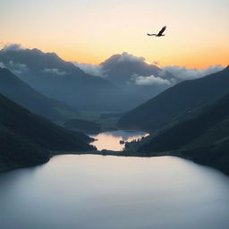 create a high-resolution image of a serene mountain landscape during sunrise, featuring lush green valleys, a reflective lake in the foreground, and mist hovering over the peaks, capturing the tranquility and majestic beauty of nature