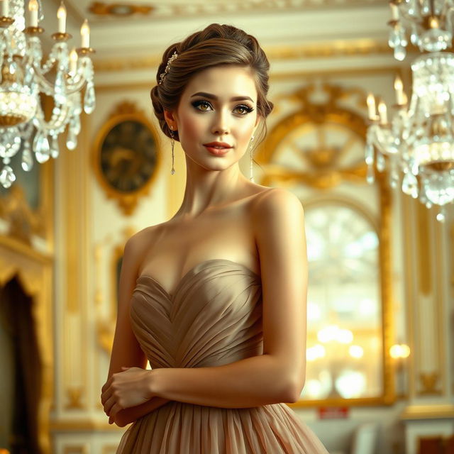 A graceful young woman with an elegant demeanor, standing poised in a flowing evening gown