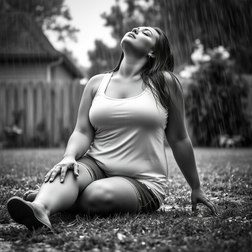 3/4 shot of a curvy woman in a black and white photograph, front view, sitting on the ground in her backyard during a rainstorm