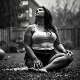 3/4 shot of a curvy woman in a black and white photograph, front view, sitting on the ground in her backyard during a rainstorm