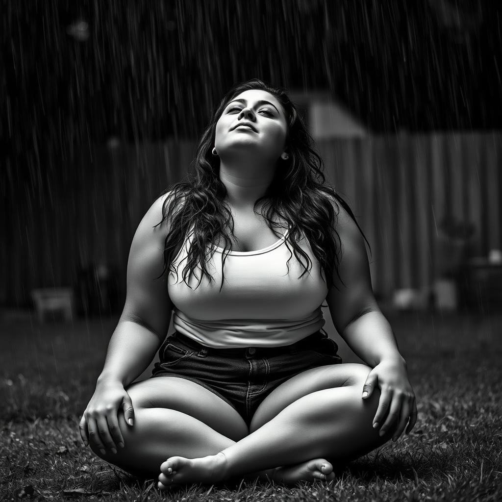 3/4 shot of a curvy woman in a black and white photograph, front view, sitting on the ground in her backyard during a rainstorm