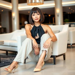 31-year-old woman with a chin-long bob hairstyle, sitting gracefully in a stylish hotel lobby