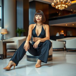 31-year-old woman with a chin-long bob hairstyle, sitting gracefully in a stylish hotel lobby