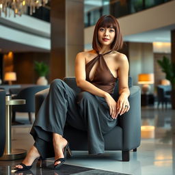 31-year-old woman with a chin-long bob hairstyle, sitting gracefully in a stylish hotel lobby