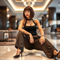 31-year-old woman with a chin-long bob hairstyle, sitting gracefully in a stylish hotel lobby