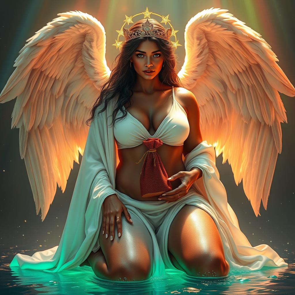 A heavenly full-body portrayal of Naomh Eagna, the angelic bride of God, adorned in white robes drenched in holy water, revealing her exquisite dark shechorah and oil-anointed carnelian jasper skin that glistens over her well-built figure