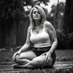 3/4 shot of a curvy blonde-haired woman in her 40s in a black and white photograph, front view, sitting on the ground in her backyard during a rainstorm