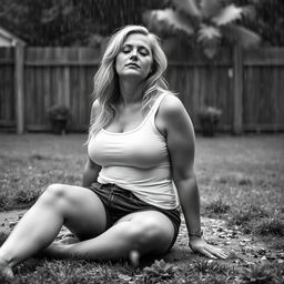 3/4 shot of a curvy blonde-haired woman in her 40s in a black and white photograph, front view, sitting on the ground in her backyard during a rainstorm