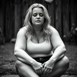 3/4 shot of a curvy blonde-haired woman in her 40s in a black and white photograph, front view, sitting on the ground in her backyard during a rainstorm