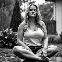 3/4 shot of a curvy blonde-haired woman in her 40s in a black and white photograph, front view, sitting on the ground in her backyard during a rainstorm