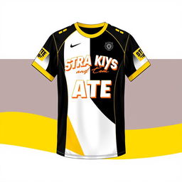 Design a short-sleeved jersey inspired by the images, using a color scheme of black, white, and hints of yellow and orange