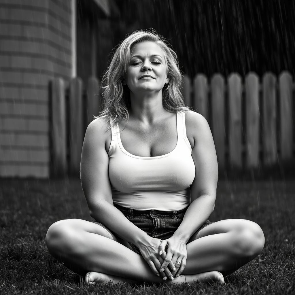 3/4 shot of a curvy blonde-haired woman in her 40s in a black and white photograph, front view, sitting on the ground in her backyard during a rainstorm