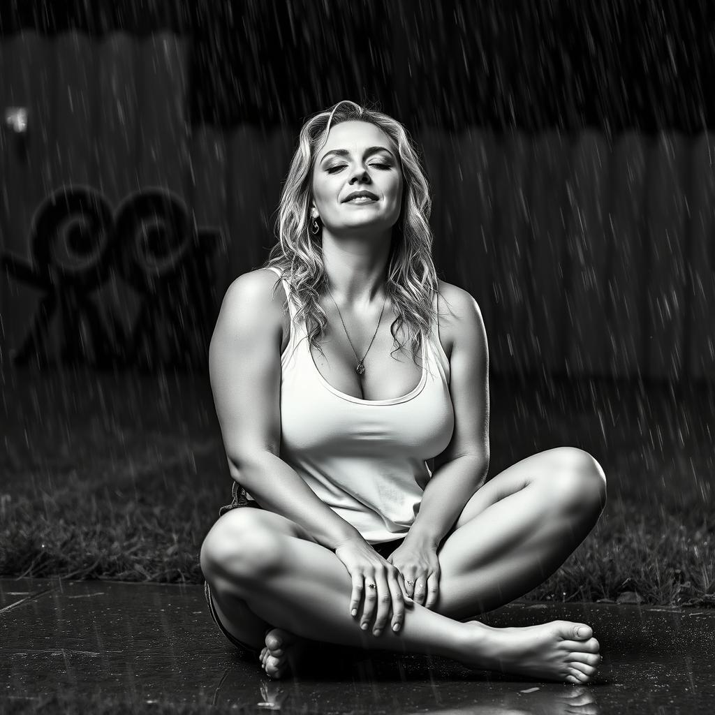 3/4 shot of a curvy blonde-haired woman in her 40s in a black and white photograph, front view, sitting on the ground in her backyard during a rainstorm