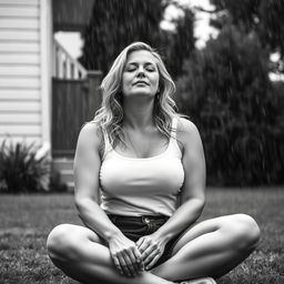 3/4 shot of a curvy blonde-haired woman in her 40s in a black and white photograph, front view, sitting on the ground in her backyard during a rainstorm