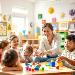 A joyful scene of a teacher playing with her students in a colorful classroom