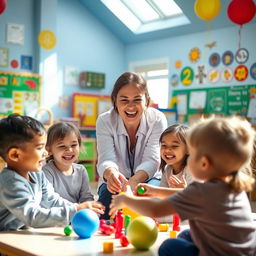 A joyful scene of a teacher playing with her students in a colorful classroom