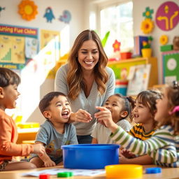 A joyful scene of a teacher playing with her students in a colorful classroom