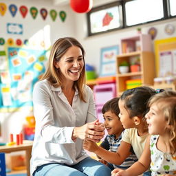 A joyful scene of a teacher playing with her students in a colorful classroom