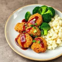 a beautifully plated dish of keto sesame chicken served with a side of steamed broccoli and cauliflower rice