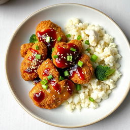 a beautifully plated dish of keto sesame chicken served with a side of steamed broccoli and cauliflower rice