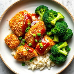 a beautifully plated dish of keto sesame chicken served with a side of steamed broccoli and cauliflower rice