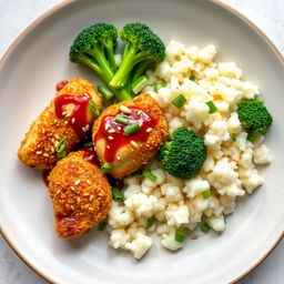 a beautifully plated dish of keto sesame chicken served with a side of steamed broccoli and cauliflower rice