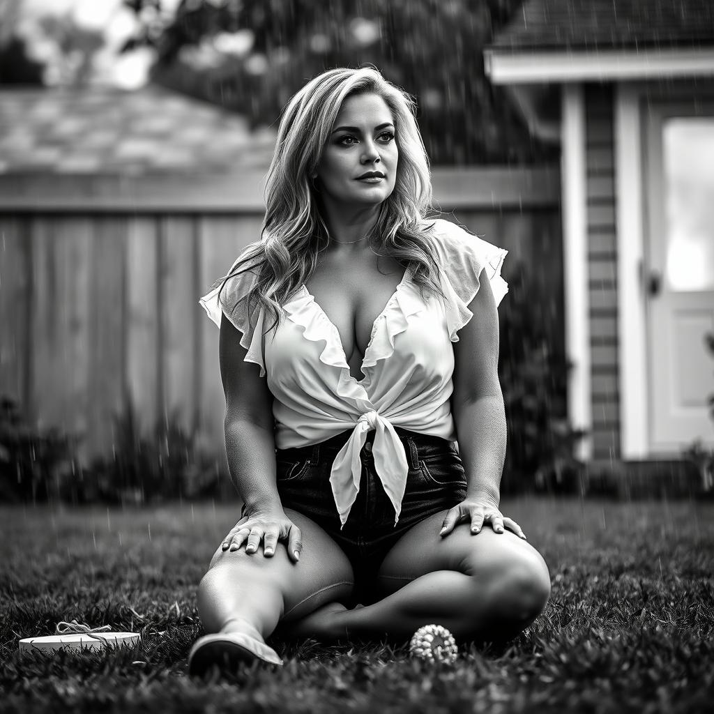 3/4 shot of a curvy blonde-haired woman in her 40s in a black and white photograph, front view, sitting on the ground in her backyard during a rainstorm