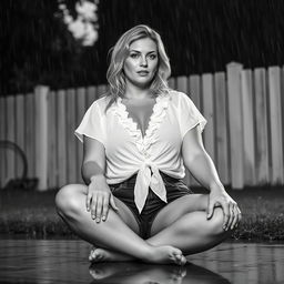 3/4 shot of a curvy blonde-haired woman in her 40s in a black and white photograph, front view, sitting on the ground in her backyard during a rainstorm