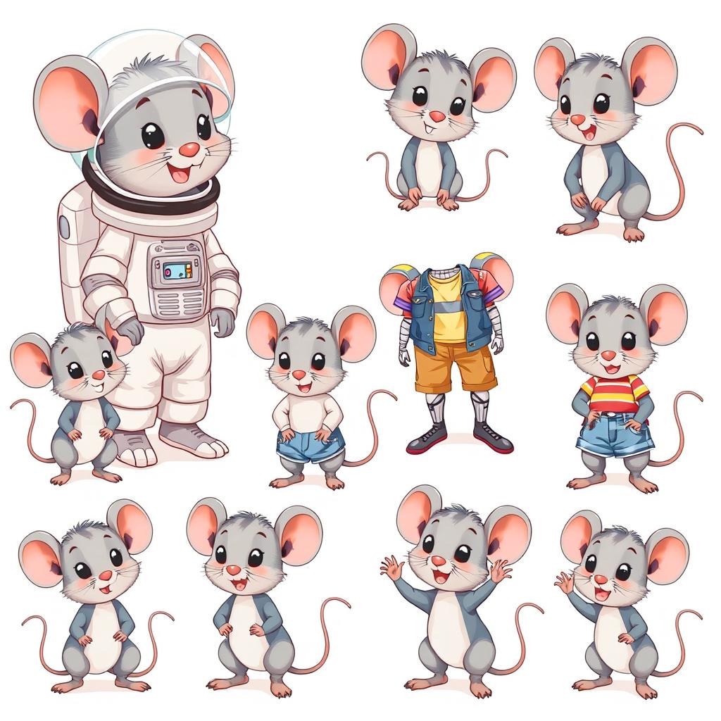 A series of cute illustrations featuring a cartoonish mouse character in different poses and expressions on a white background