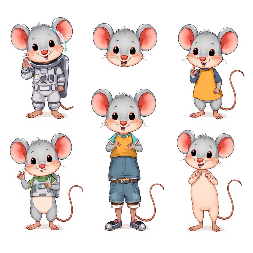 A series of cute illustrations featuring a cartoonish mouse character in different poses and expressions on a white background