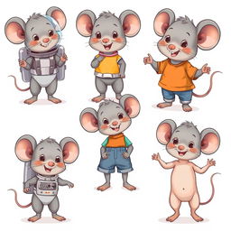 A series of cute illustrations featuring a cartoonish mouse character in different poses and expressions on a white background