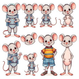 A series of cute illustrations featuring a cartoonish mouse character in different poses and expressions on a white background