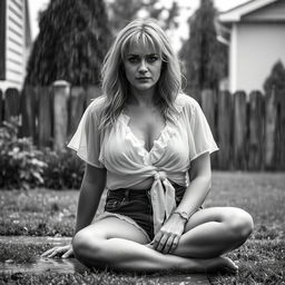 3/4 shot of a curvy blonde-haired woman in her 40s in a black and white photograph, front view, sitting on the ground in her backyard during a rainstorm