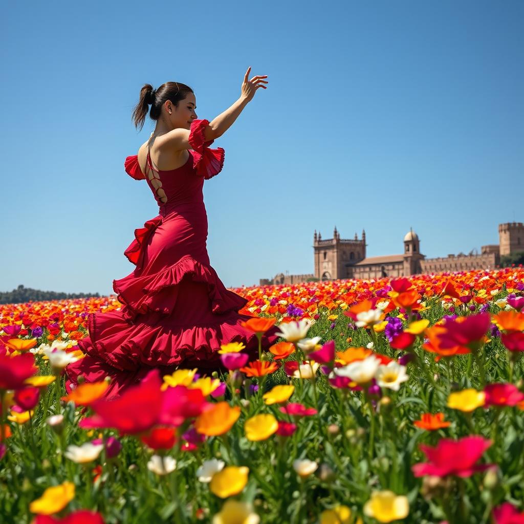 A vast field of vibrant, colorful flowers swaying gently in the breeze under a clear blue sky