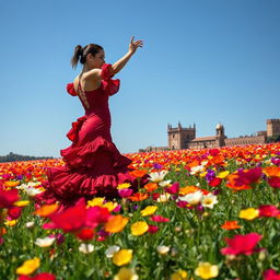 A vast field of vibrant, colorful flowers swaying gently in the breeze under a clear blue sky