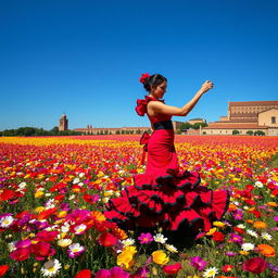 A vast field of vibrant, colorful flowers swaying gently in the breeze under a clear blue sky