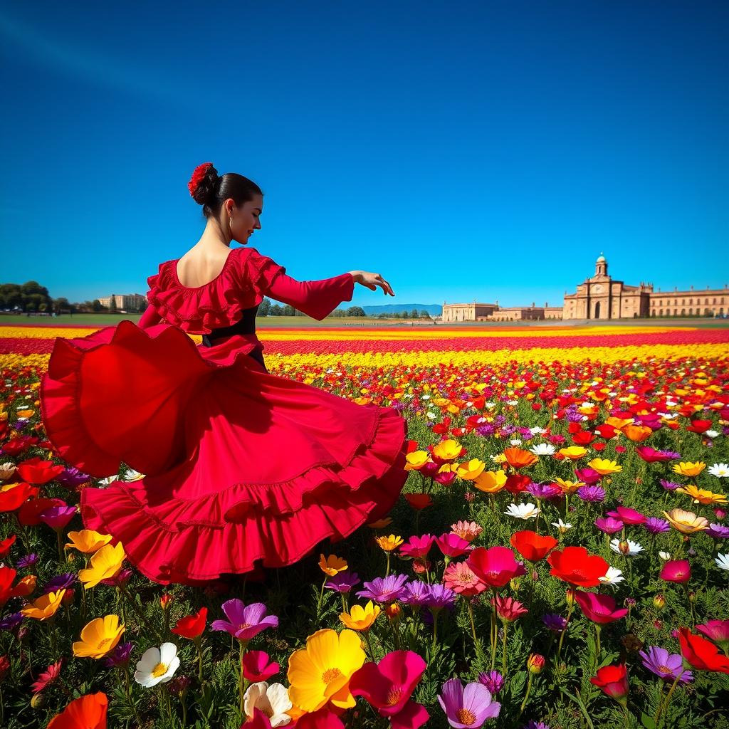 A vast field of vibrant, colorful flowers swaying gently in the breeze under a clear blue sky