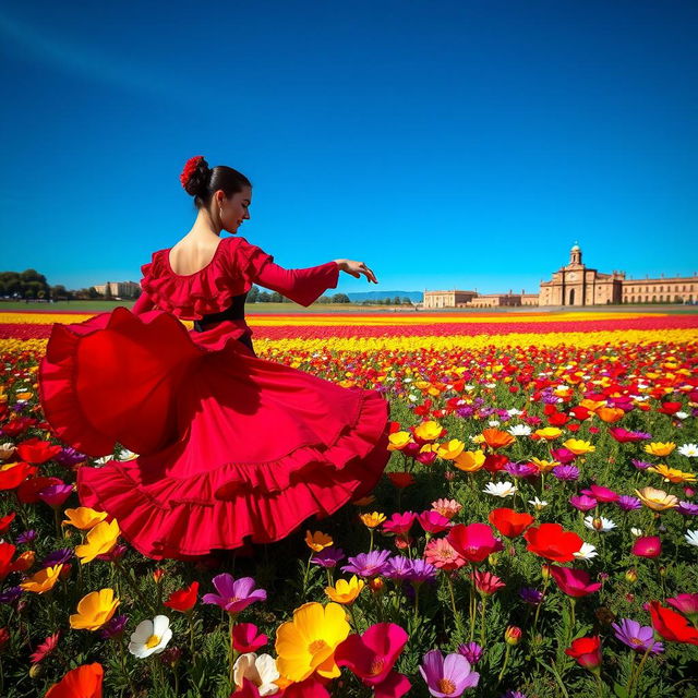 A vast field of vibrant, colorful flowers swaying gently in the breeze under a clear blue sky