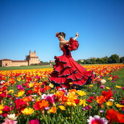 A vast field of vibrant, colorful flowers swaying gently in the breeze under a clear blue sky