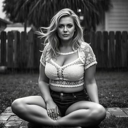 3/4 shot of a curvy blonde-haired woman in her 40s in a black and white photograph, front view, sitting on the ground in her backyard during a rainstorm