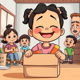 Cartoon illustration of a cheerful 3-year-old Latina girl with short, curly black pigtails, featuring a wide smile and distinctive facial features like a large forehead and chubby cheeks