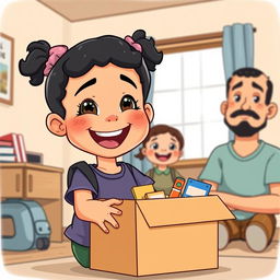 Cartoon illustration of a cheerful 3-year-old Latina girl with short, curly black pigtails, featuring a wide smile and distinctive facial features like a large forehead and chubby cheeks