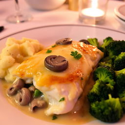 an inviting, delicious baked fish casserole with creamed mushrooms, topped with a golden layer of melted cheese