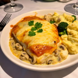 an inviting, delicious baked fish casserole with creamed mushrooms, topped with a golden layer of melted cheese