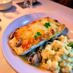 an inviting, delicious baked fish casserole with creamed mushrooms, topped with a golden layer of melted cheese