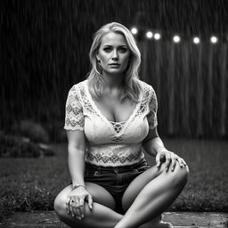 3/4 shot of a curvy blonde-haired woman in her 40s in a black and white photograph, front view, sitting on the ground in her backyard during a rainstorm